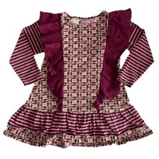 Jelly the Pug Girls Tunic Dress Size 6 Pink Maroon Striped Long Sleeve Ruffles