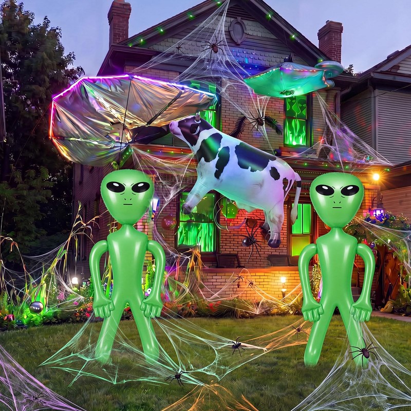 Glimin 3 Pcs Halloween Alien Inflatable Decorations UFO Abducted Cow green