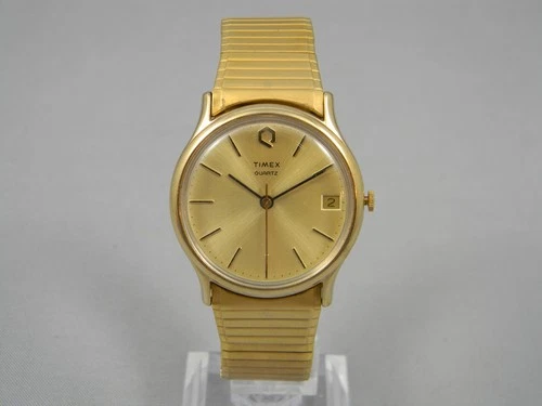 Vintage Timex Q Watch Men 34mm Date Gold Tone Stretch Band New Battery 6.75+