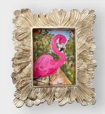 Pink Flamingo in Orange Grove watercolor print in mini vintage style frame