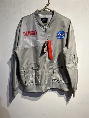 NWT Men NASA Logo Spellout Asstseries Bomber Flight Jacket Med Reflective Gray image 11