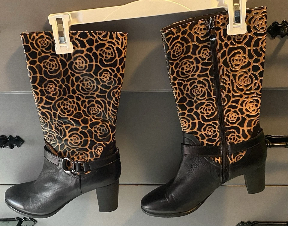 L’ARTISE Spring Step “BOHO” Knee Boots NEW Women Size 38 Floral Leather Blk Tan - Image 2 of 4