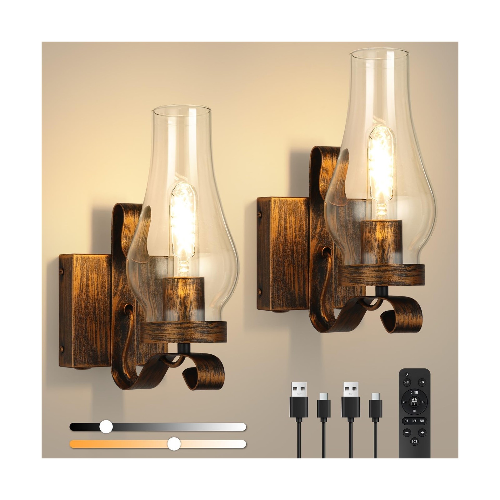Battery Operated Wall Sconces, Rustic Wall Lights Sets of 2, Non-Hardwired An...