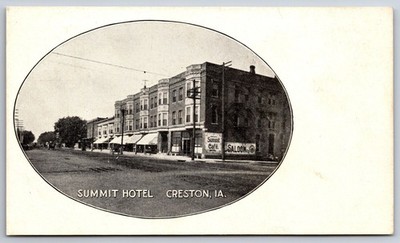 Creston Iowa~Summit Hotel & Saloon~View Down Street Vignette~c1905 B&W Postcard