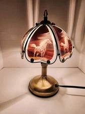 OK Lighting 3 Way Touch Lamp White Stallion Horses 11" T - 6 Glass Panels -Nice!