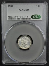 1939 Mercury Silver Dime 10C CACG MS 65 CAC