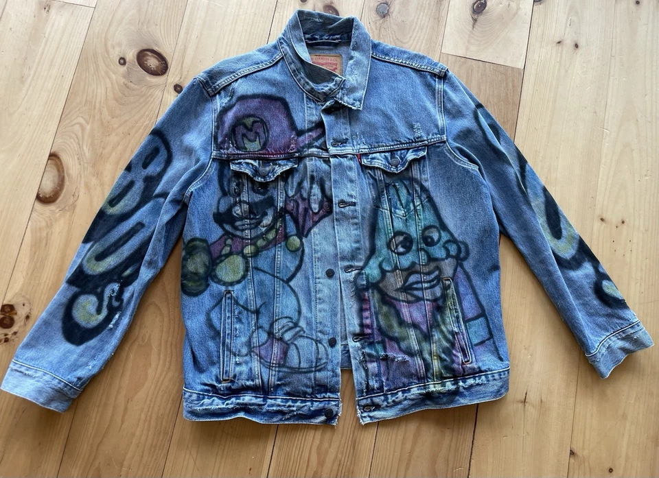 Vintage 1990s Levi’s 501 Graffiti Airbrushed Denim Jacket Jeans Set 2XL - Image 2 of 4