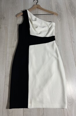 David Meister Stretch Black White Color Block One Shoulder Sheath Dress Sz 4