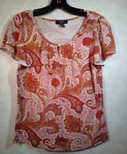 Chaps Top Women PM Red Pink Floral Scoop Neck Flutter Short Sleeve