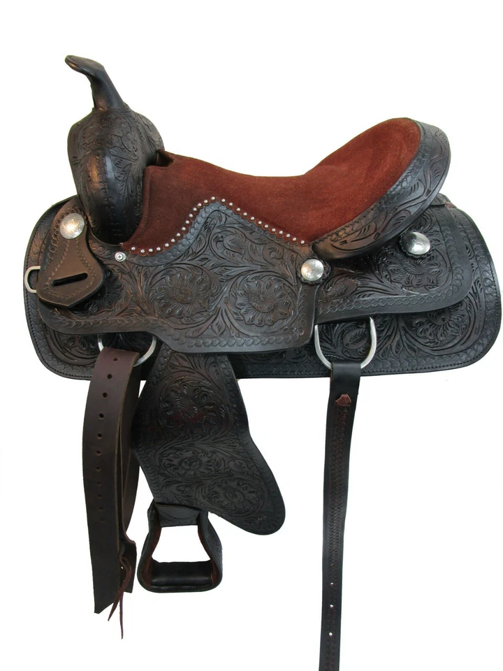 ASIENTO PROFUNDO WESTERN SILLA BARRIL CARRERAS CABALLO PLACER CUERO TACHUELA 15 16 17 18 Foto 4 de 4