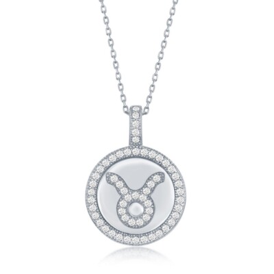 Sterlingsilber Micro Pave ''''Stier'''' Sternkreis Scheibe Anhänger mit Kette