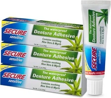 Denture Adhesive Waterproof Zinc Free Aloe Vera 3 Pack Long Lasting Hold