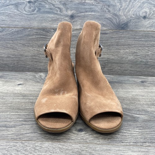 Lucky Brand Boho Sling Back Block Heel Bootie Shoes Women's Size 7 Tan Peep Toe - Picture 7 of 14