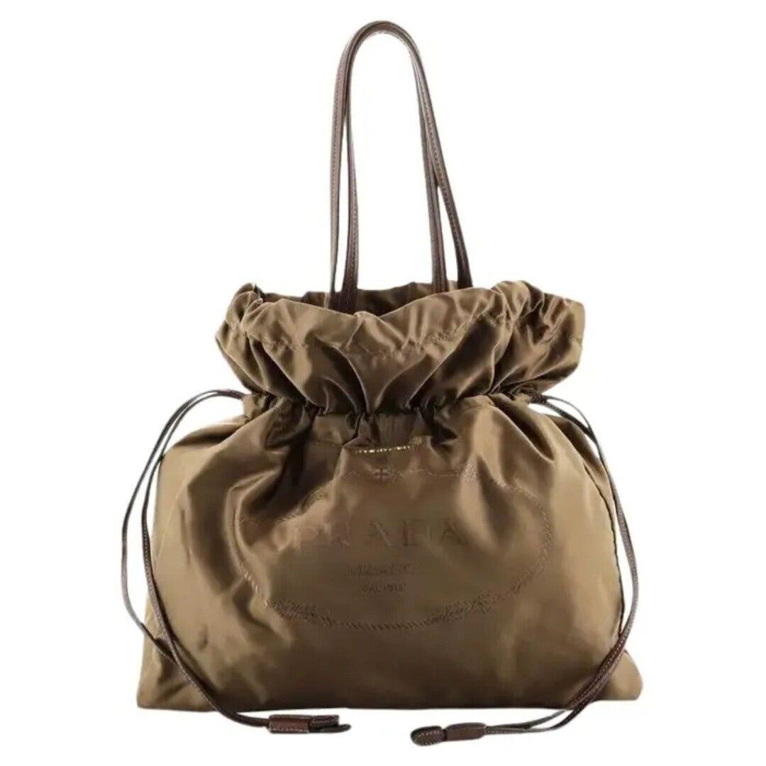 Prada Vintage Tessuto Drawstring Logo Nylon Leather Tote Prada Vintage Tessuto Drawstring Logo Nylon Leather Tote