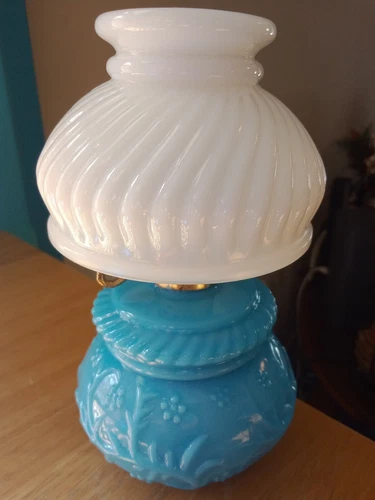 Vintage Avon Courting Lamp Blue Glass White Milk Glass Shade Full of Perfume
