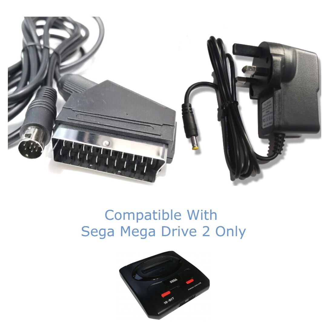 Sega Mega Drive 2 Power Supply + RCA AV Cable - UK Seller, 180cm Length, Compatible With Console