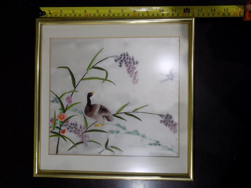 Vintage Vogelbaum Schmetterling Blumen handgenäht Seide Bilder golden gerahmt - Bild 8 von 9