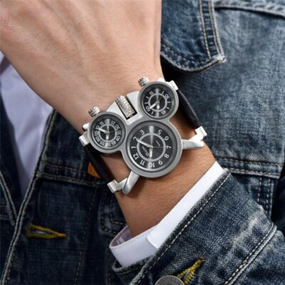Three Time Zone Leather Strap Wristwatch Unique Design Men's Sport Quartz Watch