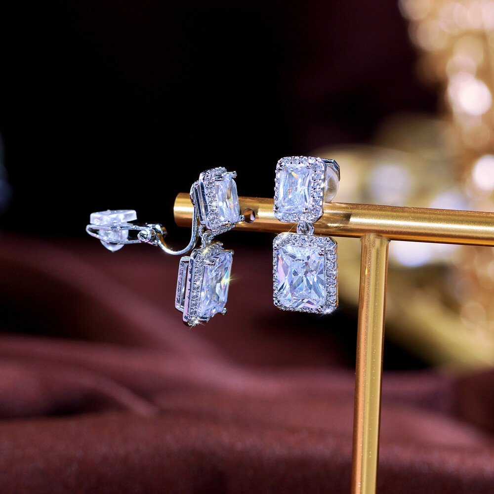 Dazzling Baguette Zircon Crystal Clip On Non Pierced Drop Earrings Silver Plated