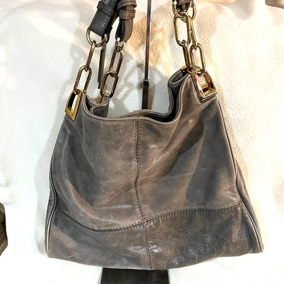 BADGLEY MISCHKA Hobo Brown Leather Gold Plate Metal Grey Handbag - Image 3 of 4