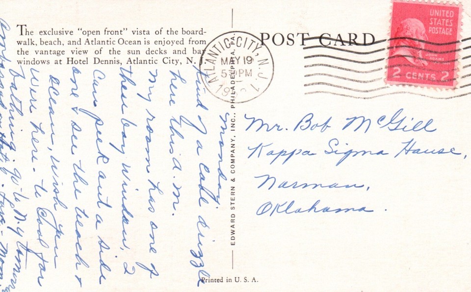 Postcard NJ Atlantic City New Jersey Hotel Dennis Posted 1950s Vintage