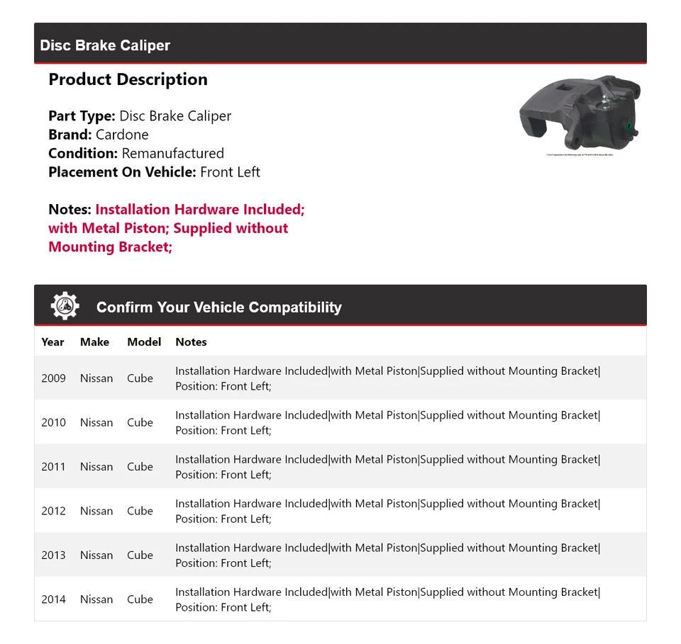 Pinza de freno de disco delantera izquierda cardone 2010 2011 2012 Nissan Cube 2009-2014 Foto 2 de 4