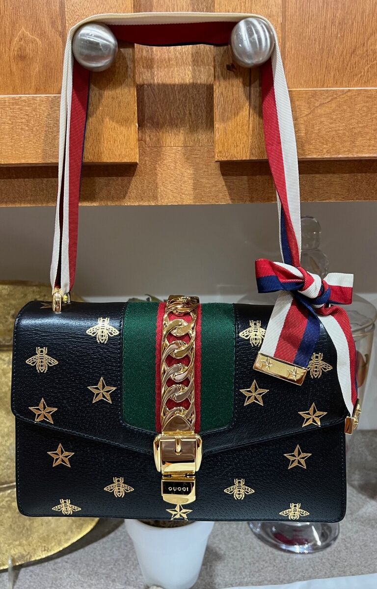 NWT, Gucci Sylvie Bee Star BLACK Leather Shoulder Bag | eBay NWT, Gucci Sylvie Bee Star BLACK Leather Shoulder Bag | eBay