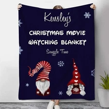 Personalized Christmas movie Watching Name Blanket – Cozy Winter Gnome Pattern