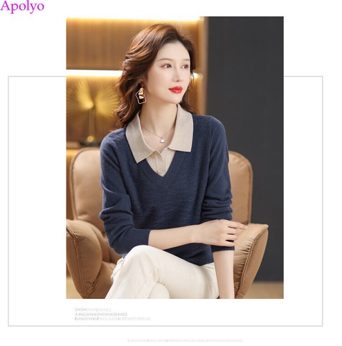 Otoño Coreano Mujeres Bloques de Colores Invierno Informal Tejido Prendas para el torso Blusa Pullover Suéter - Imagen 12 de 21