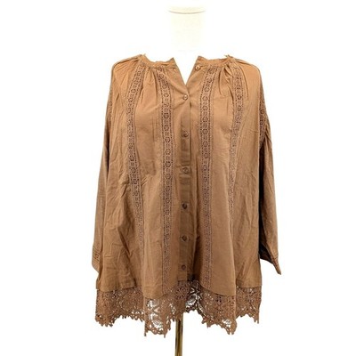 NWT LOGO Lavish Top XL Tan Crochet Lace Boho Peasant Blouse Cotton