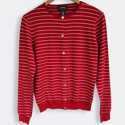 Lauren Ralph Lauren Silk Blend Red Striped Long Sleeve Cardigan Womens Medium M