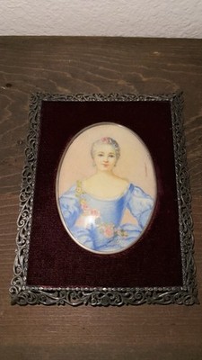 Antique Signed Hand Painted Miniature Portrait Painting Woman Silver Frame