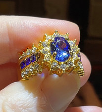Created Oval Blue Sapphire CZ Halo Ring Gold Plated Size 9 NEW Elegant Free Box