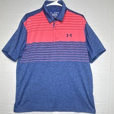 Under Armour The Playoff Polo Men's XL Blue Pink Striped Loose Fit Short Sleeve