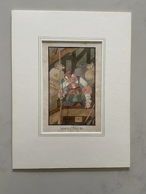 Antikes Gouache Gemälde - Comicfigur im Mühlenboden | Theaterszene