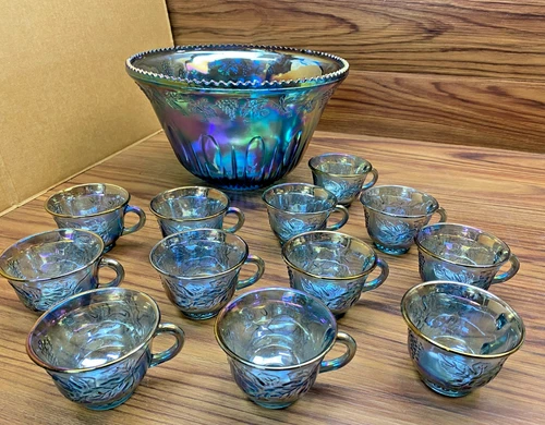13 Pcs VTG INDIANA GLASS IRIDESCENT BLUE HARVEST CARNIVAL GLASS PUNCH BOWL SET