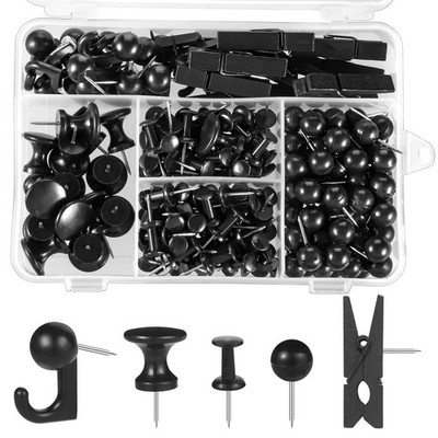 200 Pieces Black Push Pins 5 Styles Durable Steel Needle Office School Home