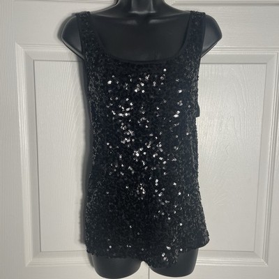 Old Navy Black Jack Sequin Tank Women L Festive Sleeveless Sparkly Party Top