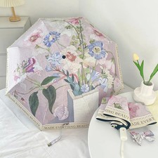 Retro oil painting folding umbrella for women with high appearance, sun and rain