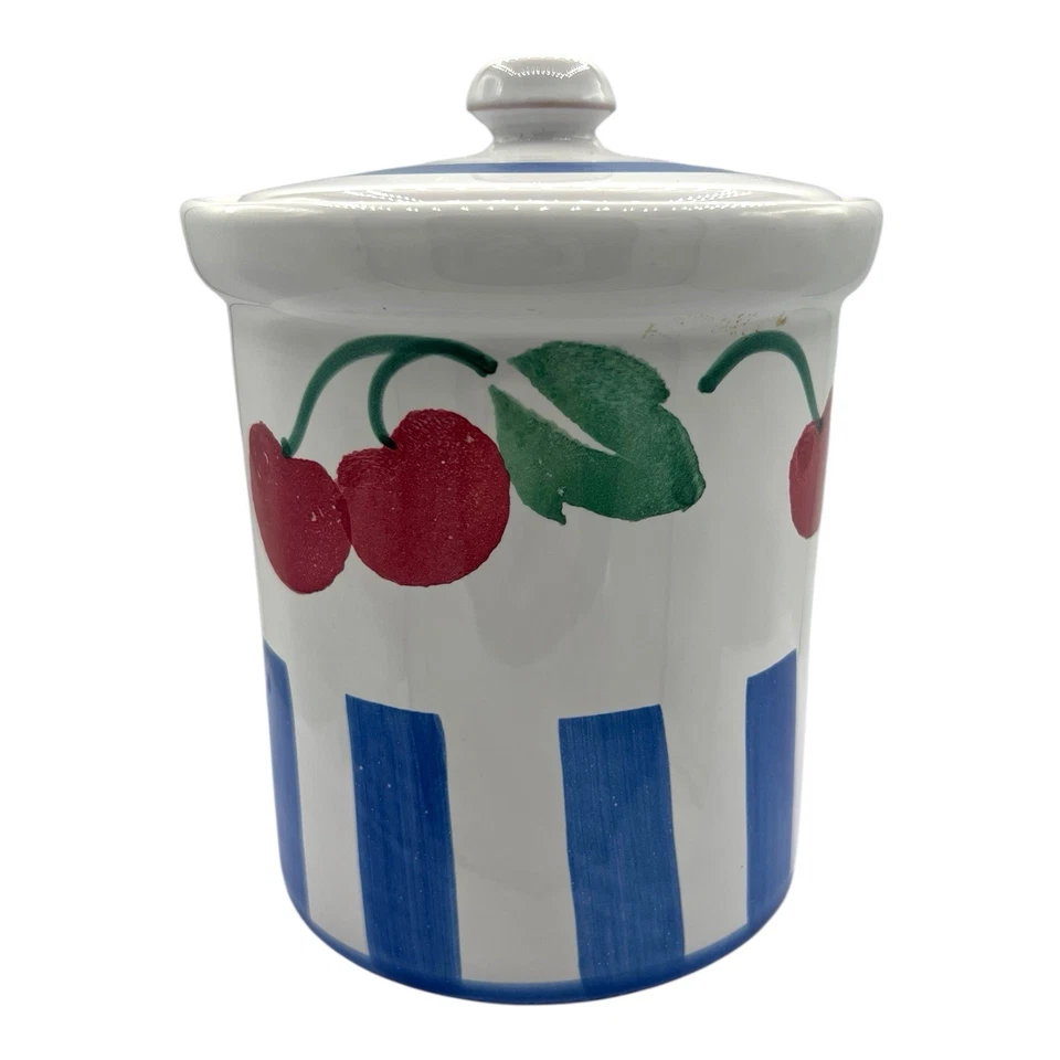 "De colección PIER 1 tarro de caramelos bote con tapa 5"" cerezas de cerámica a rayas raro" Foto 2 de 4