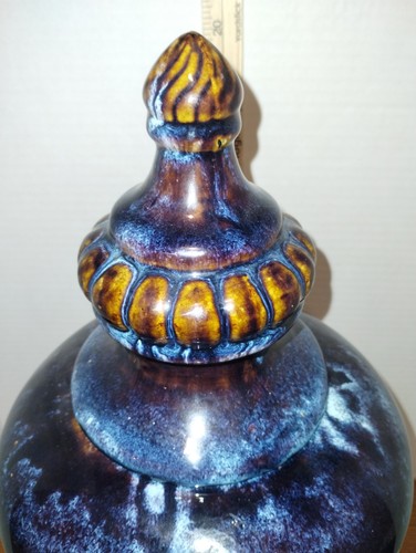 Vtg Large Cobalt Blue And Brown Drip Glazed Stoneware Fluted Base Urn 21" Tall - Picture 24 of 24