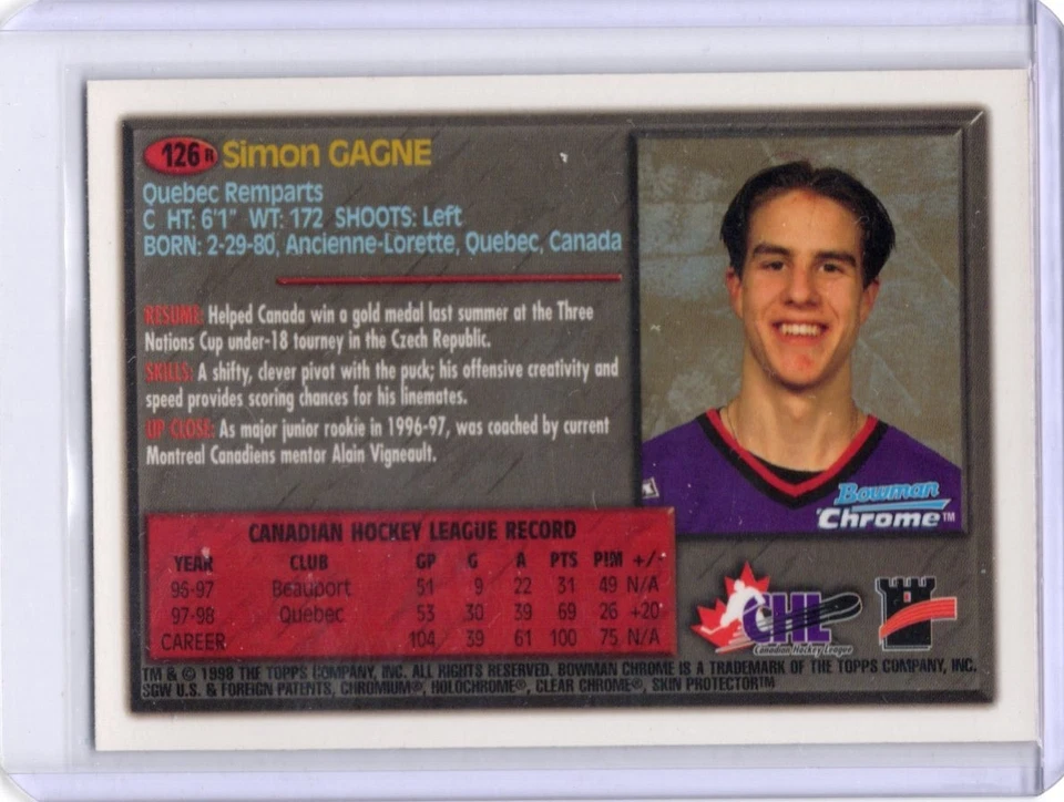 1998 Bowman Chrome CHL Refractor Simon Gagne RC Flyers - Image 2 of 2