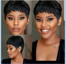 Fereowth Short Pixie Cut Human Hair Wig Women Straight Boy Cut 1B Black