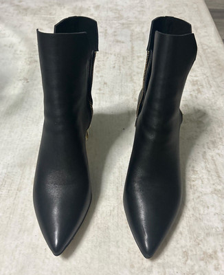 ALL BLACK Women's Black Faux Leather Ankle Bootie Pointed Toe Zip Block Heel