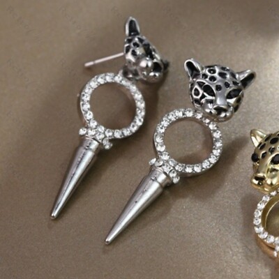 LEOPARD Kristall HOOP Spike Tropfen OHRSTECKER schwarz/silberfarben 80er VINTAGE STYL