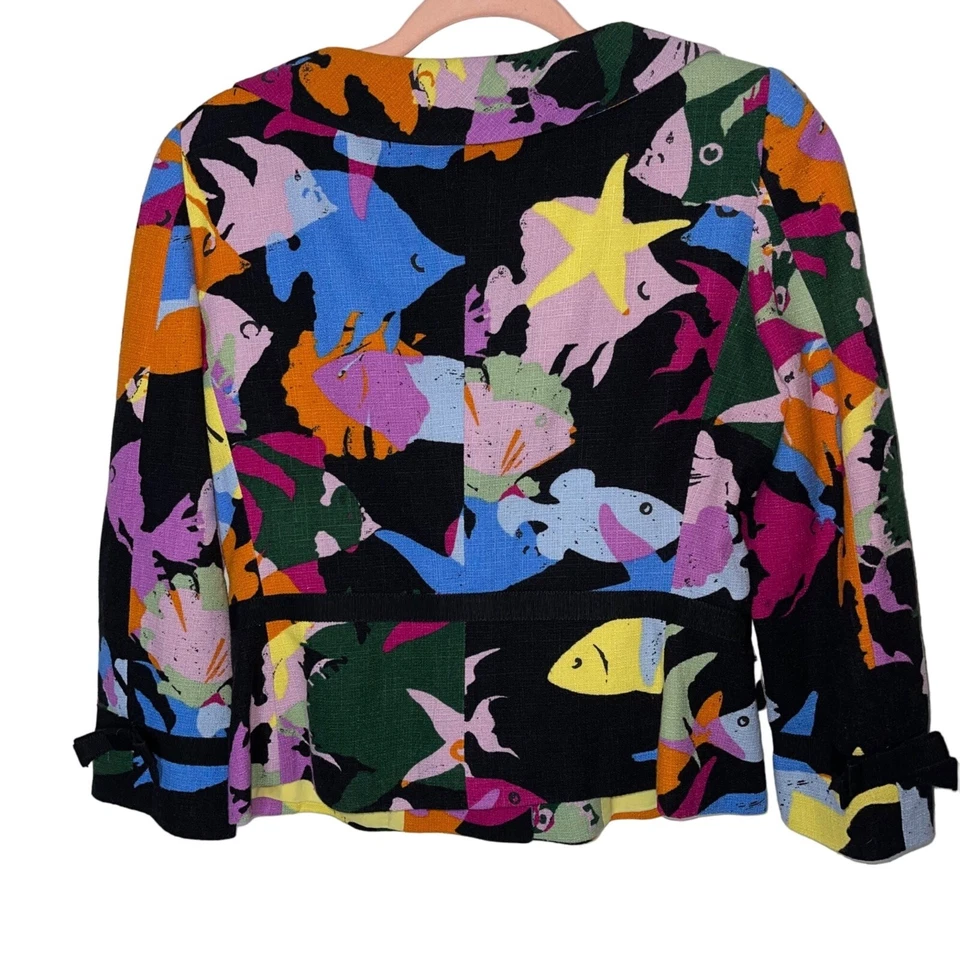 Moschino Cheap And Chic Blazer Womens Size 6 Black Fish Print Bow Accent Cotton - Image 2 of 4