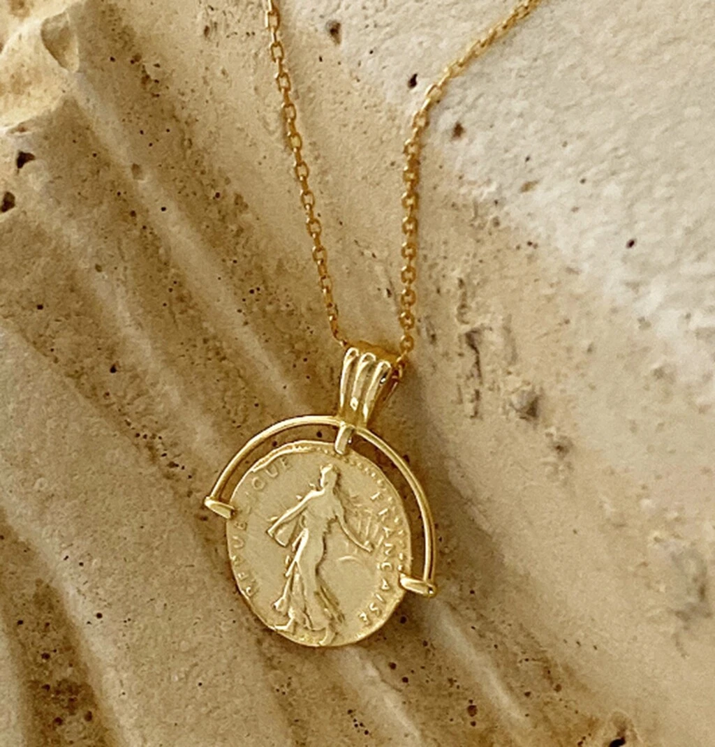 Women Lady Liberty Goddess Portrait Gold Coin Sterling Silver Necklace 15 17