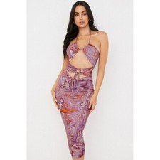 House of CB London Kasia Purple Swirl Print Cut Out Midi Dress Size M