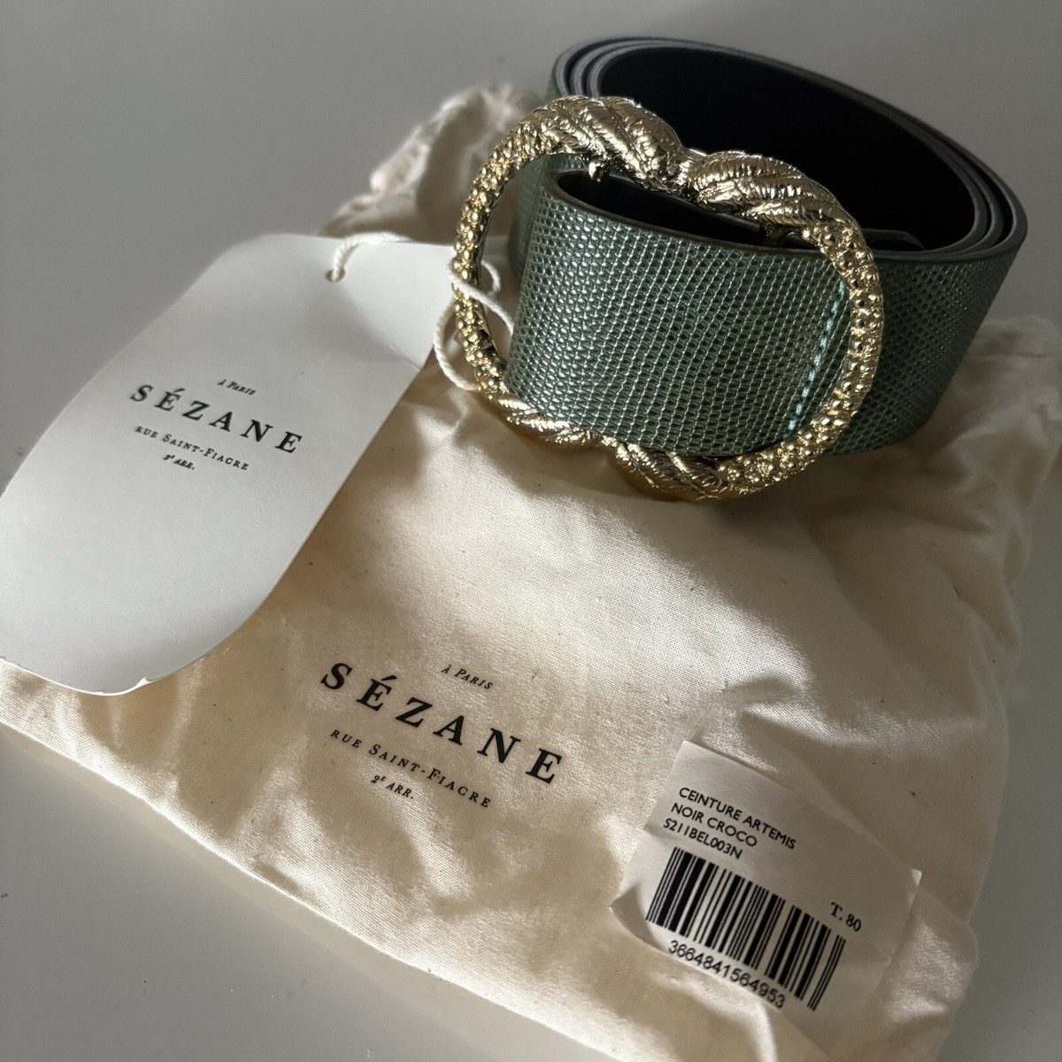 NEW Sezane Artemis Belt Téjus Menthe (Lizard-effect Embossed) , RARE, Size 80 Sezane Artemis belts in mint tejus ( mint lizard embossed  main image 2