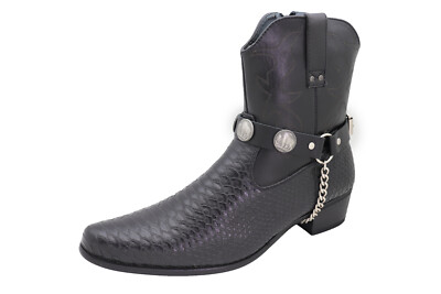 Men Western Boots Bracelets Silver Chain Black Pair Faux Leather Strap Buffalo